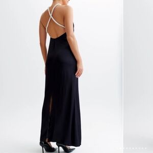 Meshki Blanche-Black Backless Dress with Pearl Straps